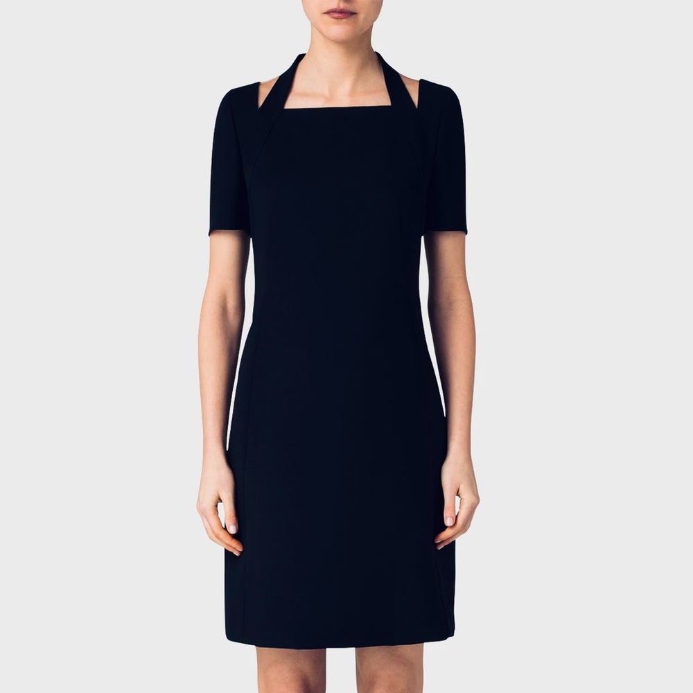 AKRIS Apron-Neck Wool Double-Face Navy Blue Short Sleeve Sheath Dress EUC Size 6